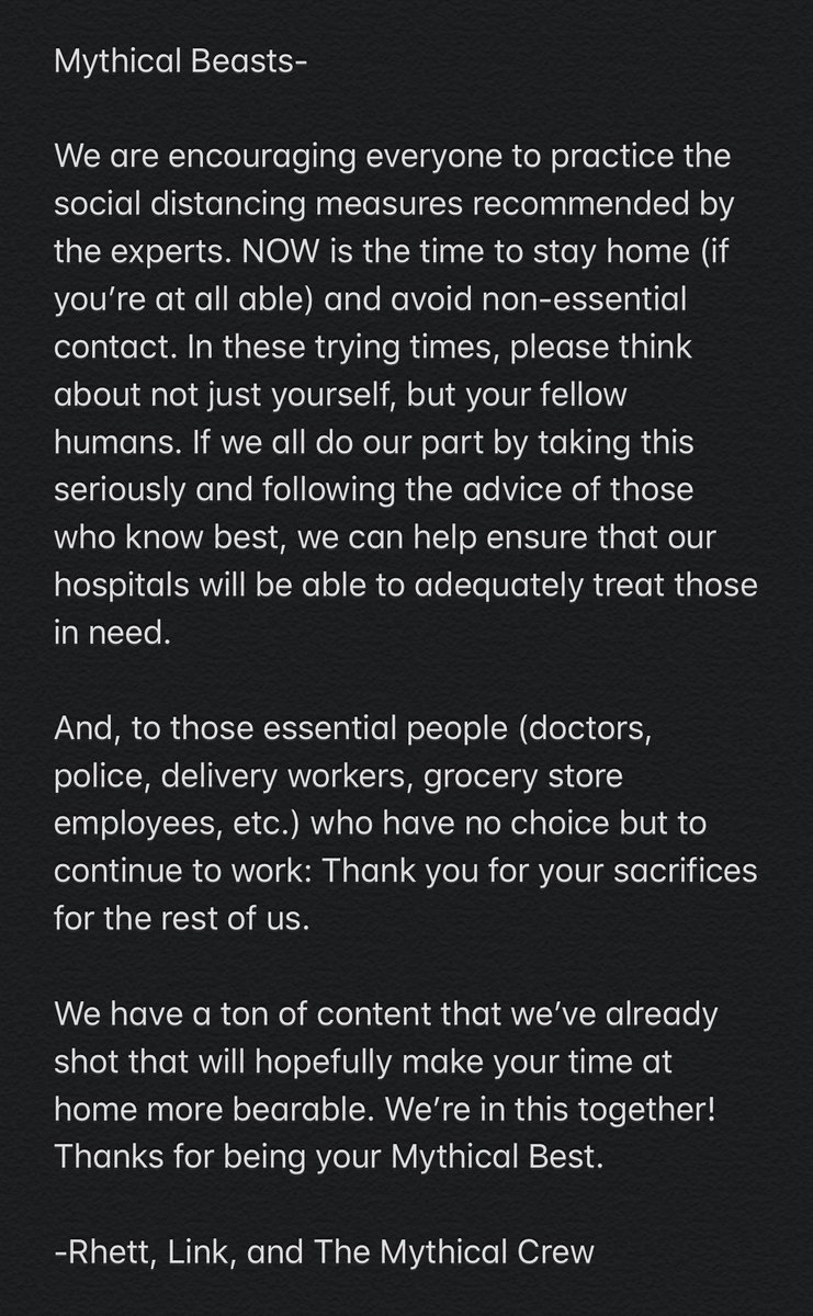 Mythical's tweet photo. Now, more than ever, it’s important to come together by staying apart. But don’t forget to give yourself permission to laugh (preferably from the comfort of your own home.) #BYMB https://t.co/gveDiOIDC0