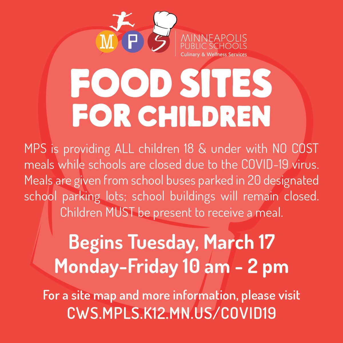 .<a href="/MPS_News/">Minneapolis Public Schools</a> is providing ALL children 18 &amp; under with NO COST meals while schools are closed due to the #COVID19  virus. Meals are given from school buses parked in 20 designated school parking lots; school buildings remain closed. Children MUST be present to receive a meal.
