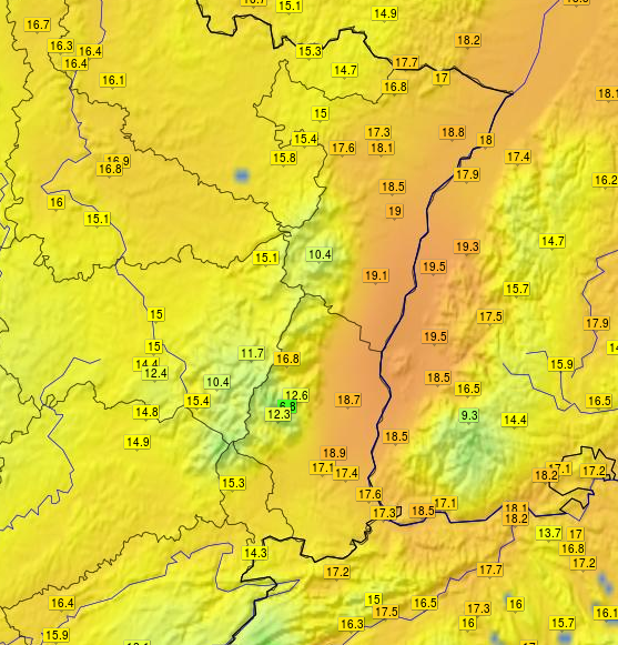 msa6768's tweet photo. La barre des 20° C a été pour la seconde fois cette année atteinte en plaine, avec 20,5° C relevés à #Strasbourg-Entzheim ou encore 20,3° C à #Kogenheim. Plus généralement on relève au meilleur de la journée 16 à 19° C. Carte 16h00 Infoclimat.

#meteo67 #meteo68 https://t.co/eT5lKAMXsu