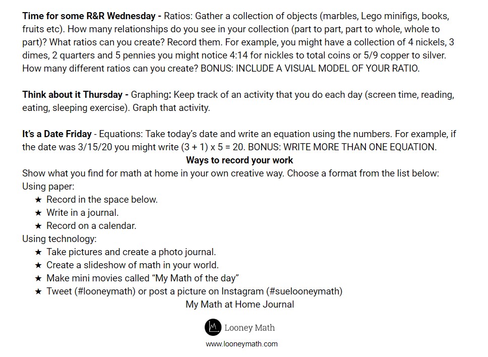LooneyMath's tweet photo. OK - here's the grades 6-9 version of the At Home Math Journal. No internet required.  Hang in there everyone. #joyfulmath #homeschool  #journaling #iteachmath #MTBoS https://t.co/uZPy1vvgI5 https://t.co/TqZdlXCcHw