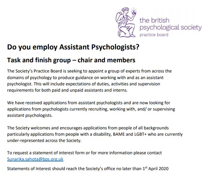 BPSOfficial's tweet photo. Do you employ assistant psychologists? Can you help the society? https://t.co/HV6n0DKc3p
