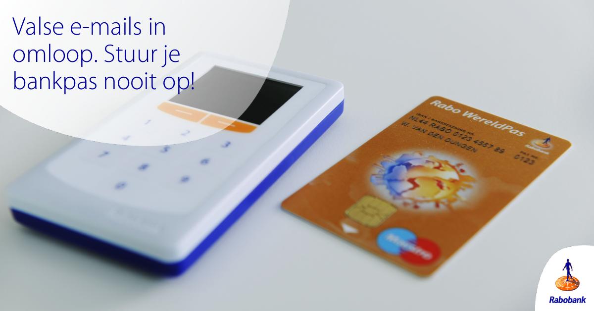 Let op! Er worden op dit moment valse e-mails en smsjes verstuurd over antibacteriële betaalpassen. Trap er niet in! Rabo.nl/veilig