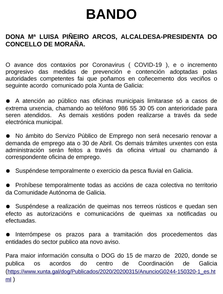 ConcelloMorana's tweet photo. O Concello de #Moraña achega outro bando informativo coas novas medidas da Xunta de Galicia ante o Estado de Alarma pola crise sanitaria do coronavirus. https://t.co/hlNFKjHKLC