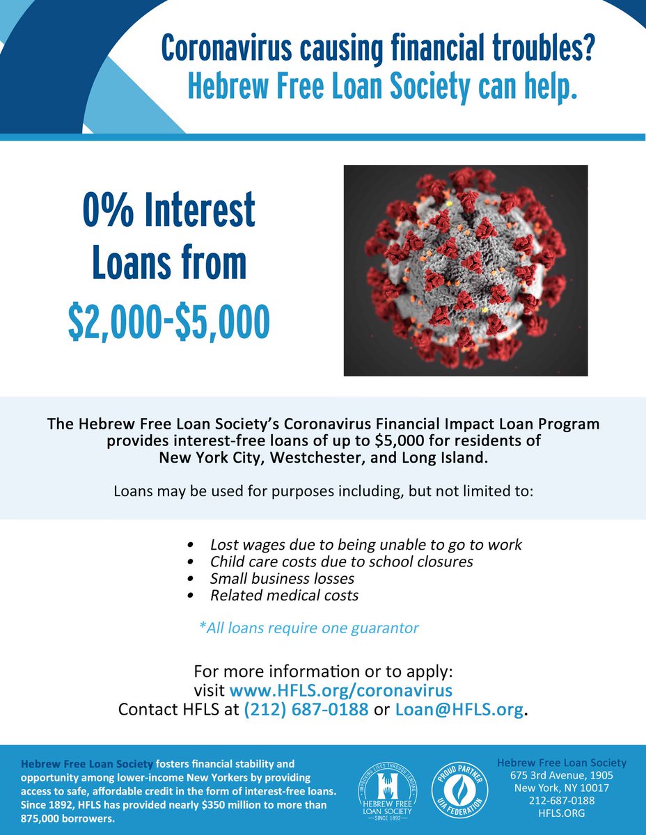 NoMAAarts's tweet photo. @HFLSNewYork is now offering “The Coronavirus Financial Impact Loan Program” to provide interest-free loans of $2,000-$5,000 to residents of New York City’s five boroughs, Westchester, or Long Island who are facing financial challenges caused by the Coronavirus outbreak. #loans https://t.co/mJez0zXvE6
