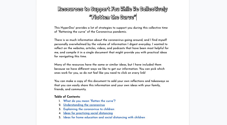 Because I am a dorky teacher at heart, I made some worksheets for grown-ups to help you stay sane while we work to #FlattenTheCurve. Includes my fav media for understanding the crisis, explaining to kids, &amp; ideas for social distancing. Be well, all ❤️ docs.google.com/document/d/19S…