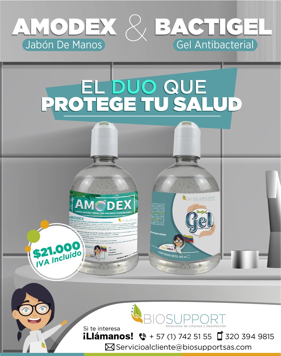 BiosupportSas's tweet image. ¡No te pierdas esta promoción!
Recuerda... la salud esta en tus manos.
#Biosupport #coronavirus #virus #desinfeccion 
BIOSUPPORT SAS
Cra 68 # 93 – 52. Bogotá D.C. Colombia
Tel: 742 5155
Cel: 320 394 9815.
bioleta@biosupportsas.com
servicioalcliente@biosupportsas.com
