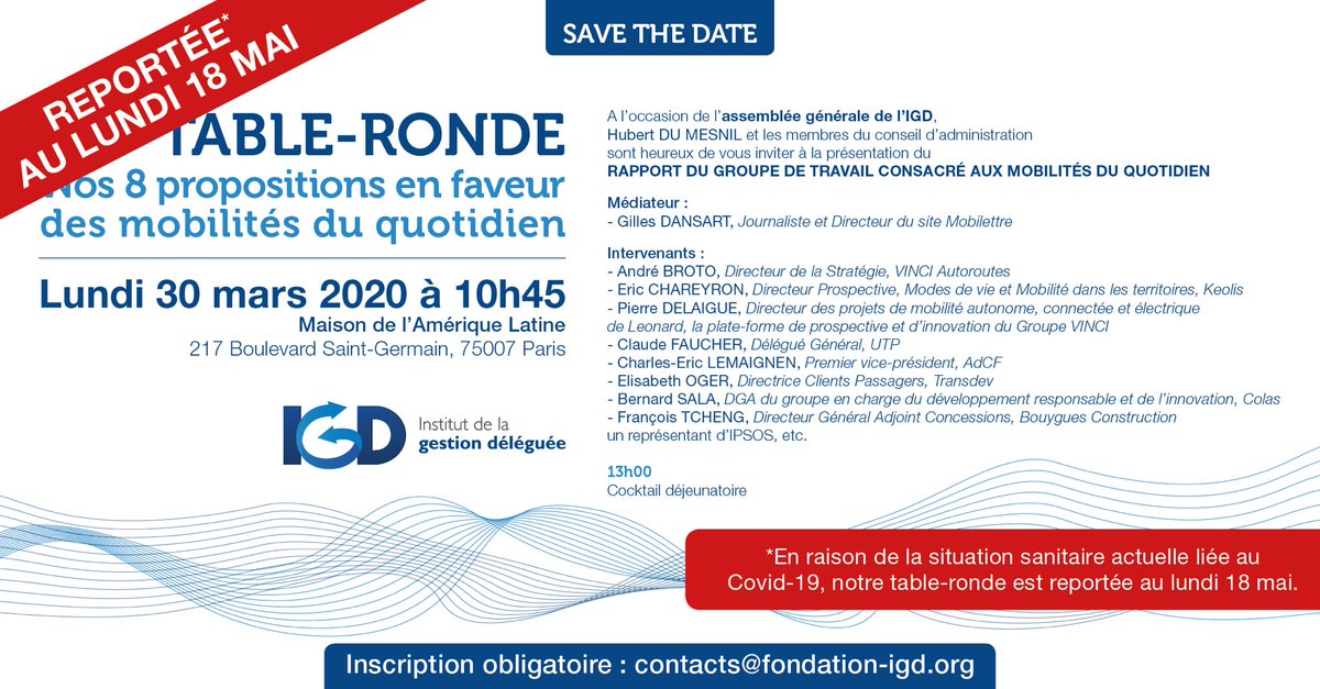 FondationIGD's tweet photo. Merci de noter le report de notre table-ronde en faveur des mobilités du quotidien au lundi 18 mai !

Vous pouvez toujours vous inscrire à l’adresse suivante:
contacts@fondation-igd.org

Prenez soin de vous et de vos proches en attendant.

L’équipe de l’IGD https://t.co/y04r5skiQ3