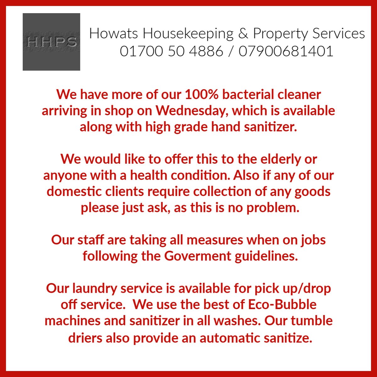 HHPS are here to help for all your #cleaning cleaning or #laundry requirements. You do not leave the house, you can call us and we can arrange collection of laundry and then drop off.
We are working closely with the #Goverment guidelines &amp; working as always to help the community.