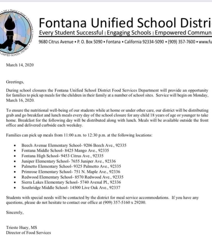 FUSD_Binks's tweet photo. School will be closed from March 16-March 27.  Please stop by one of these schools for lunch/breakfast.  Stay healthy everyone! https://t.co/4fRBw5slHm
