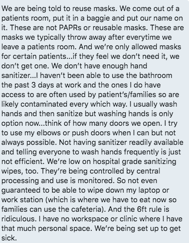 "We are being told to re-use masks...These are not PAPRs or re-usable masks...We are being set up to get sick"