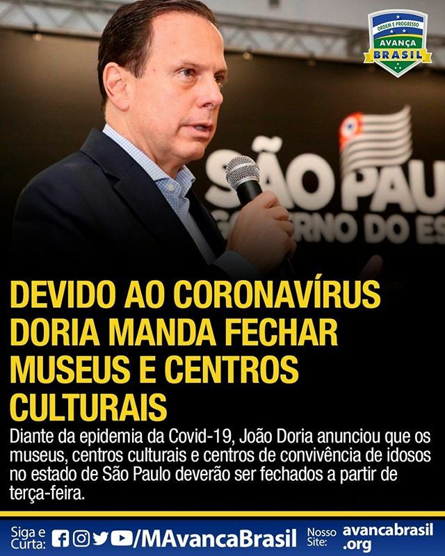 mAvancaBrasil's tweet image. SP fecha museus, bibliotecas, teatros e centros de idosos a partir de terça.
*
A recomendação é que setores privados de entretenimento também fechem por 30 dias, informou o governo em comunicado.
***
#avancabrasil #vempassearnaruamaiaealcolumbre #bolsona… ift.tt/2QjsFkq