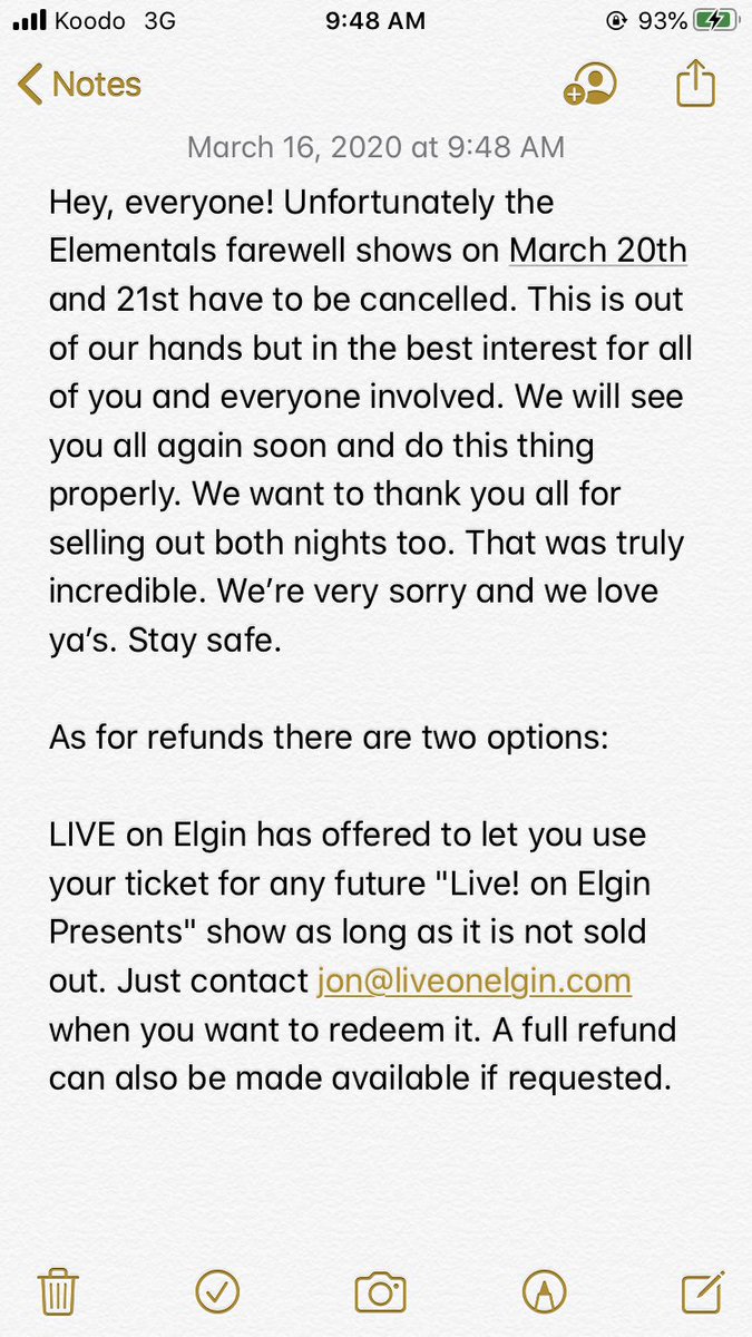 ElementalsBand's tweet image. Our farewell shows at @liveonelgin this weekend unfortunately have to be cancelled. So sorry, guys.

Details for refund in the note below: