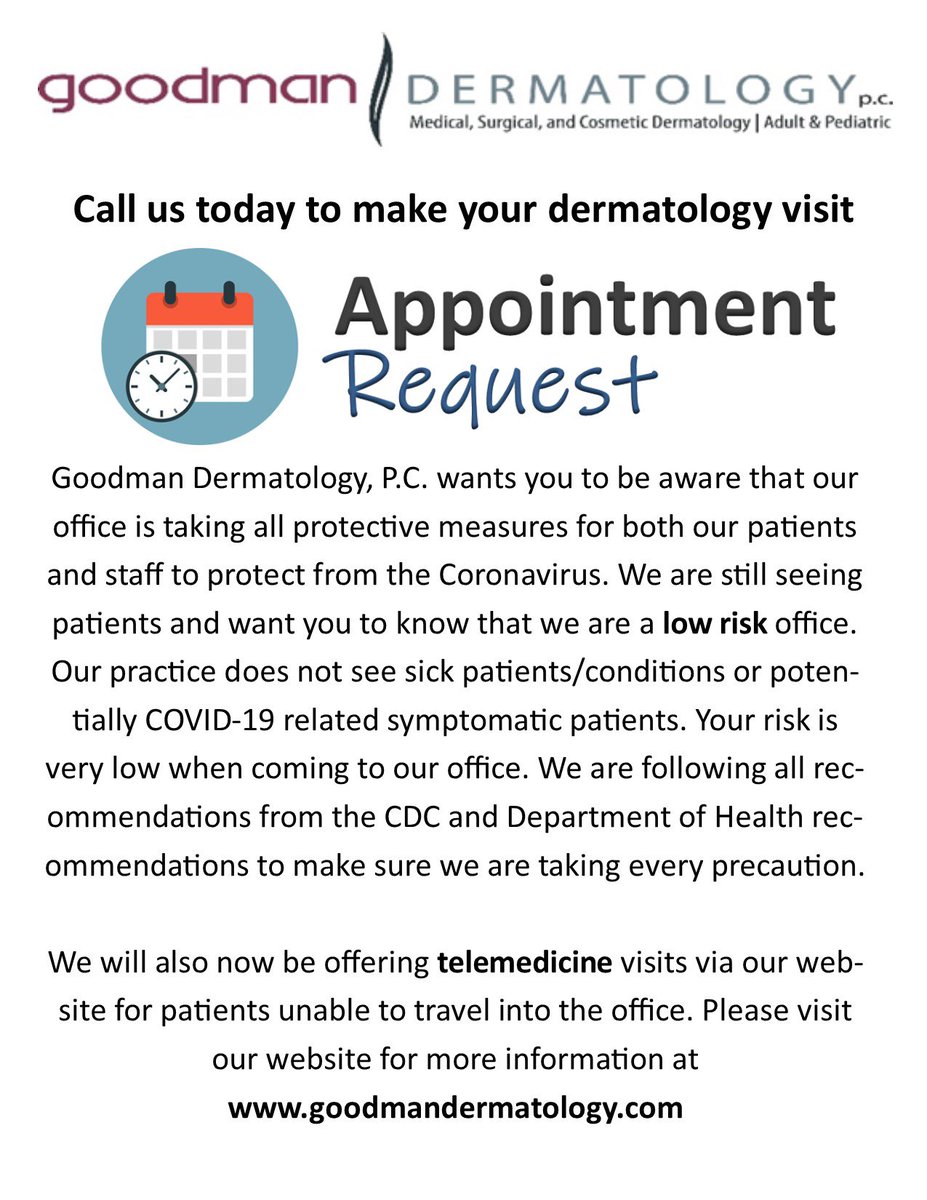 GoodmanDerm's tweet photo. Call our office at (770) 754-0787 or visit our website for a telemedicine visit at https://t.co/NyW5ThbOGZ https://t.co/eLuikwBlTo