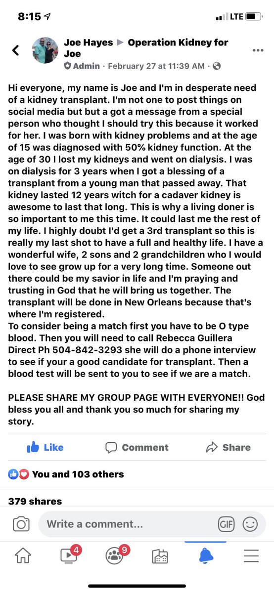 justtracy24_'s tweet photo. Good Morning Twitter Fam. I’m asking for your help to please share. This is my good friend Joe.  He is need of a living kidney donor. Please read and share his story. #shareyourspare #donatelife #realwarriors #kidneydonation #operationkidneyforjoe #typeOblood #gettested #share🙏 https://t.co/MTvPfwTPUC