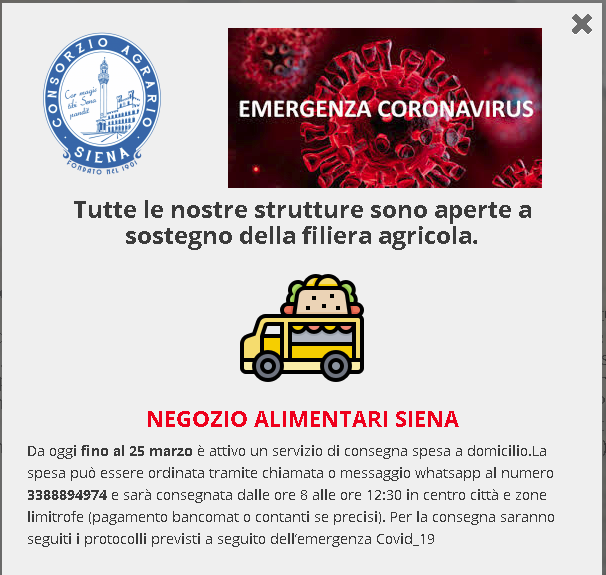 ConsAgrSI's tweet photo. NEGOZIO ALIMENTARI DI SIENA - via Pianigiani, 5 -
Da oggi fino al 25 marzo è attivo un servizio di consegna spesa a domicilio al numero 3388894974#consegnaadomicilio #prodottitipici #filieraagricola #agricoltura #italia #toscana #siena #consorzioagrariosiena https://t.co/DzKvOi5u8H
