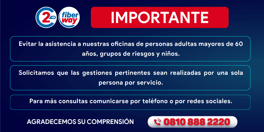Canal2Fiberway's tweet photo. 📌 En función de prevenir y controlar el COVID-19 tomamos las siguientes medidas:

➡ Evitar venir a nuestras oficinas personas mayores de 60 años. Que una sola persona por servicio realice las gestiones, sin niños.

Puede realizar consultas al teléfono 📞 0810 888 2220. https://t.co/HLnISpaY0K