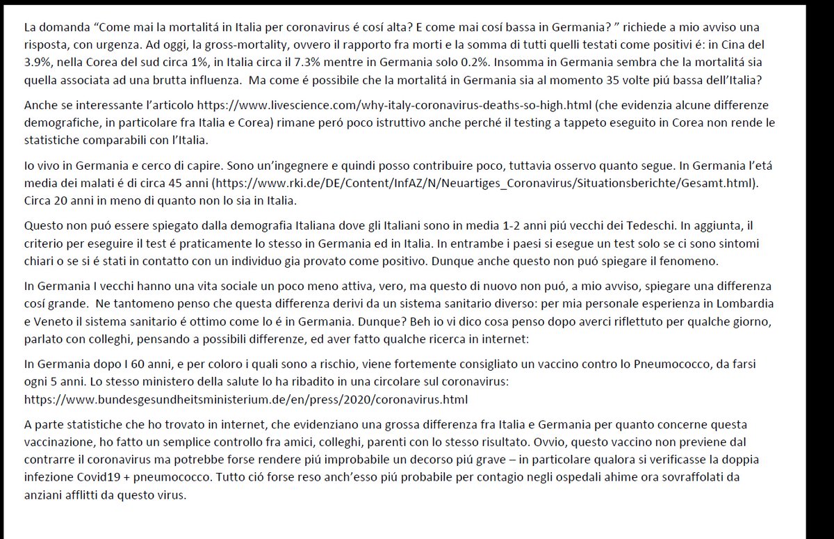 La domanda “Come mai la mortalitá in Italia per coronavirus é cosí alta? E come mai cosí bassa in Germania? ” richiede a mio avviso una risposta. 
#covid19perchecosigraveinitalia
#coronavirusitalia
#covid19italia