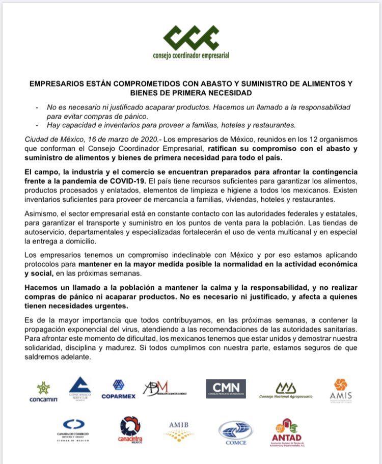 cceoficialmx's tweet photo. #Comunicado Empresarios están comprometidos con abasto y suministro de alimentos y bienes de primera necesidad. https://t.co/F5HGpUAggh