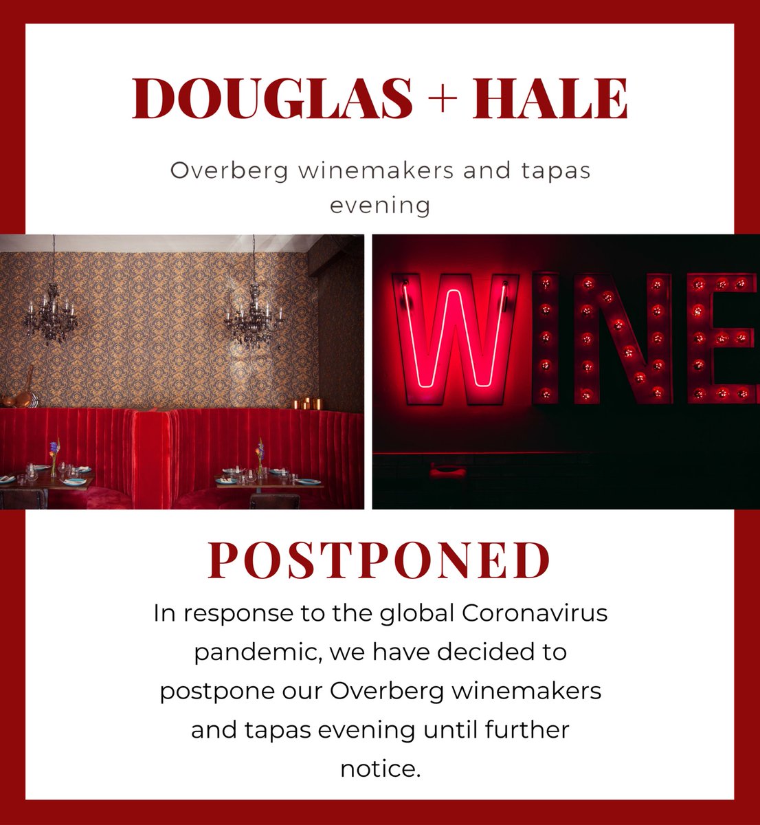 In doing our part to prevent spread of COVID-19 minimize risk and to protect our staff and patrons, we have decided to postpone our upcoming Overberg winemakers and tapas evening on 21 March. Wishing you all well during these unsettling times, stay safe! #coronavirus #covid19