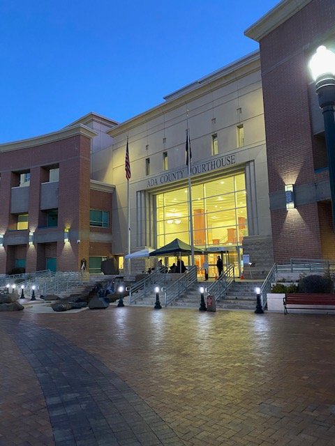 Ada_County's tweet photo. For court, except for criminal trials, members of the public will not be permitted into the Ada County courthouse unless you are an attorney, juror, party, witness, victim support person, county personnel, and/or judge. Tents and laptops set up to check those entering. https://t.co/rR3CXPHrQA