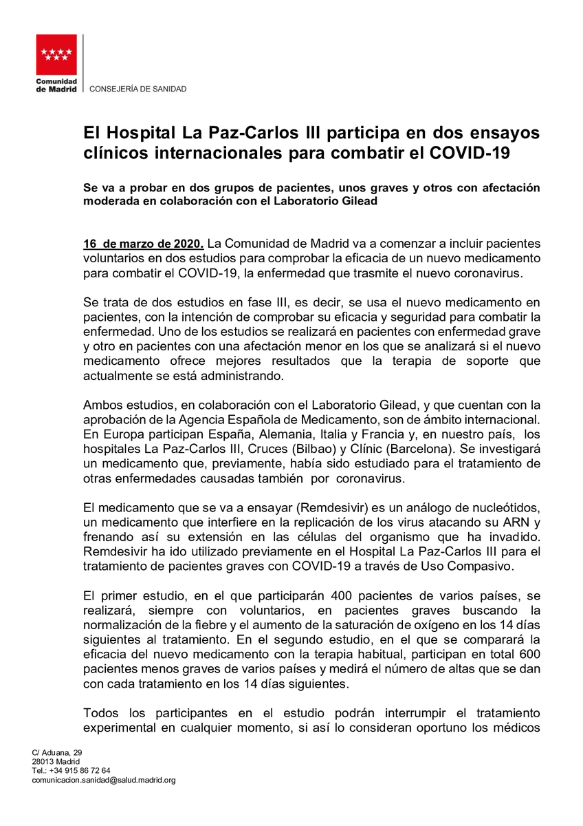 SaludMadrid's tweet photo. El Hospital La Paz-Carlos III participa en dos ensayos clínicos internacionales para combatir el COVID-19

#Coronavirusmadrid #CoronavirusEspaña #coronavirusEspana #quedateencasa https://t.co/JZEQU36uit