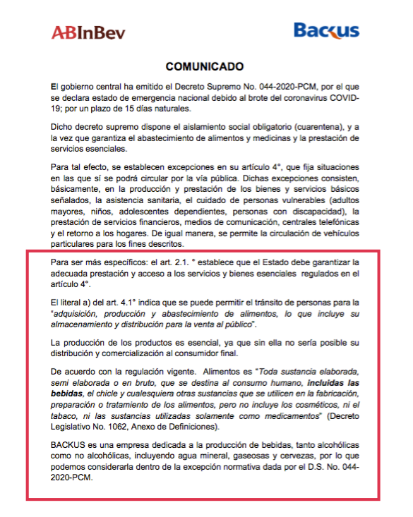 BackusSindicato's tweet photo. Transnacional @BackusOficial @abinbev no acata D.S. Nº 044-2020-@pcmperu que establece Estado de Emergencia en el Perú por #COVID19. Envían comunicado obligando a asistir a trabajadores a planta de producción de cervezas y no solo de "gasesosas". Ver: https://t.co/MRkp9hxupn https://t.co/k3wHke3Fv1