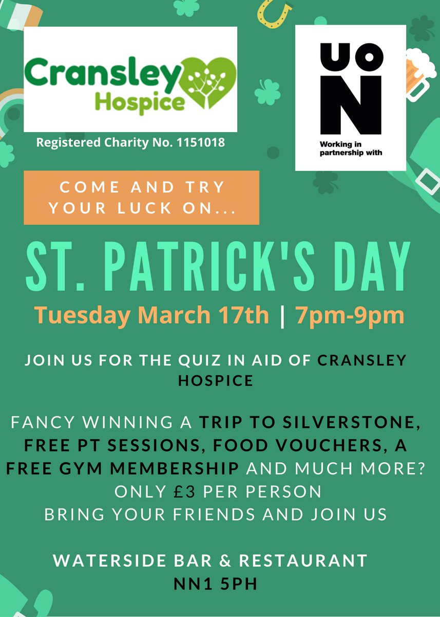 BarWaterside's tweet photo. We're very excited to team up with @UniNorthants &amp; @cransleyhospice here at Waterside Bar tomorrow evening for a special St. Patrick's Day quiz. Got a head full of trivia? You know where to be!  #watersidequiz #uon #cransleyhospice #pubquiz https://t.co/jozrNI4EIS
