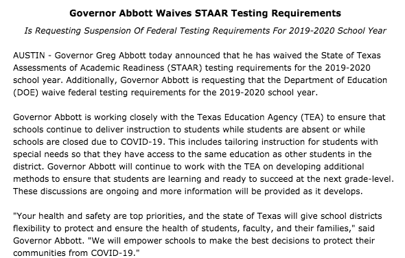 lmcgaughy's tweet photo. #Breaking: Texas officials cancels high stakes testing for 2019-2020 school year. 

Some ed background from @EvaMarieAyala: https://t.co/BIKznuAoNx #txlege #txed #staar https://t.co/2Im0gtulgo