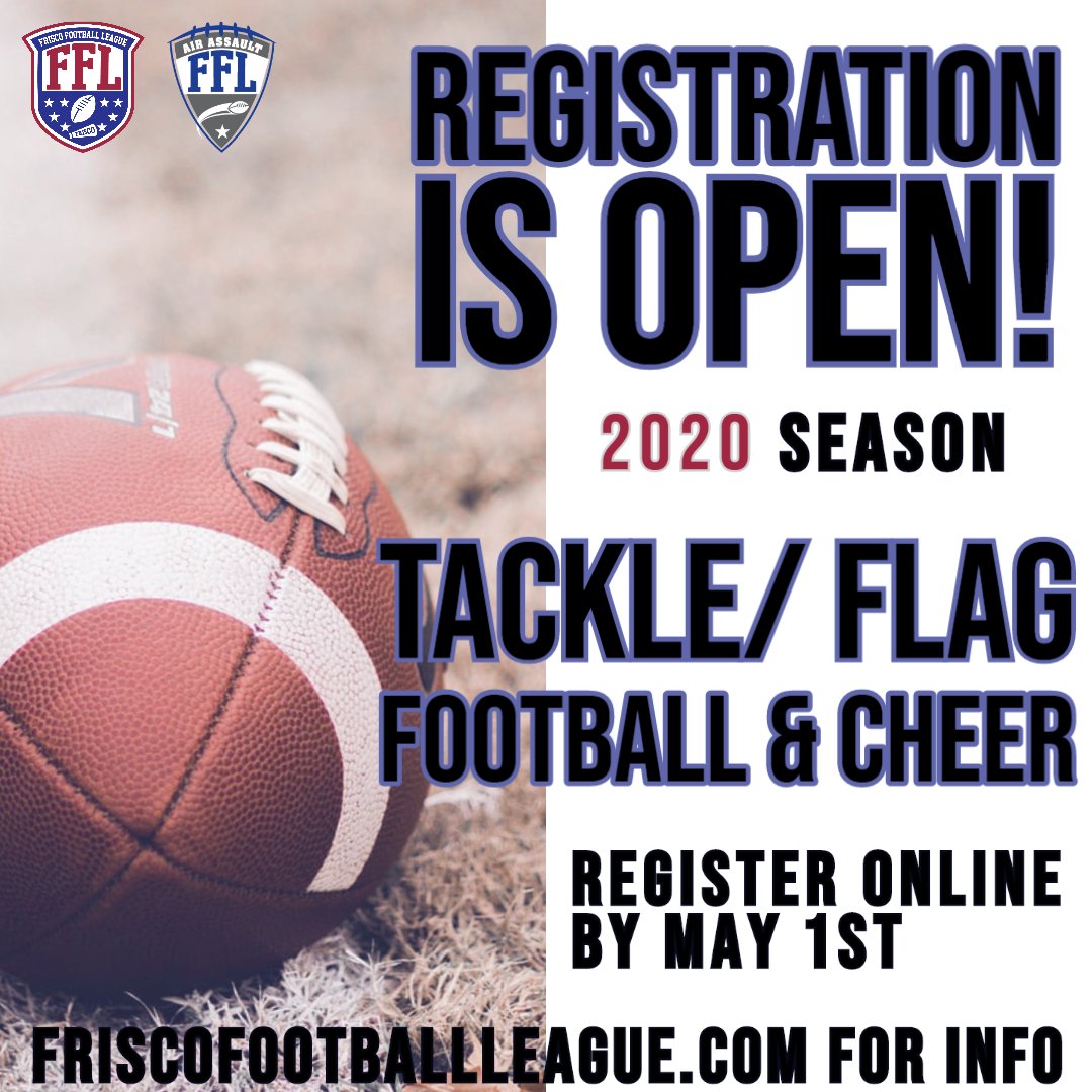 REGISTRATION is OPEN! Join us for the 2020 Season and register online today! Friscofootballleague.com 

#friscofootball 
#FFL 
#youthfirstsportssecond
#tacklefootball
#usafootball
#cheer
#cheerleaders
#texasfootball