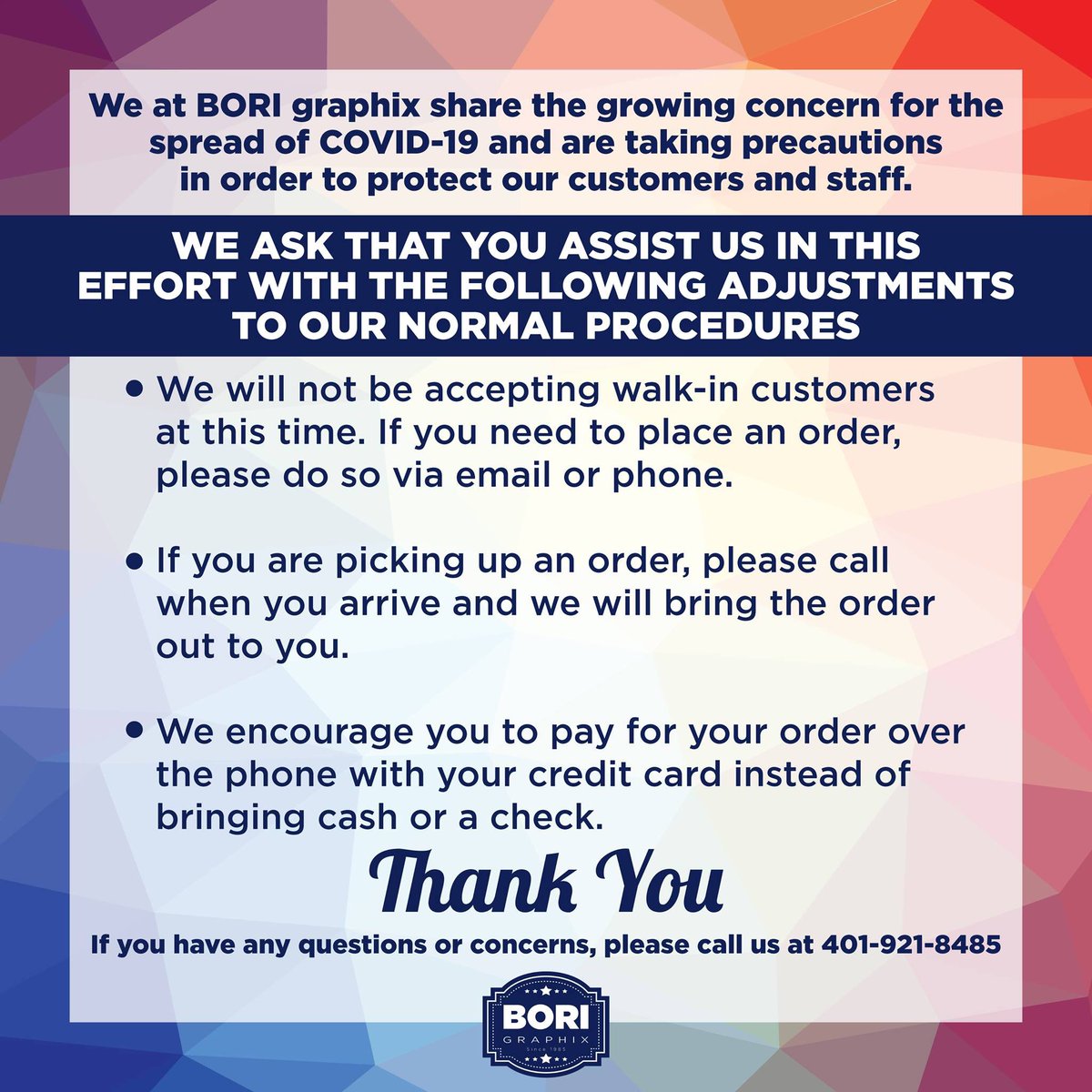 We are open but making small changes to better assist you. Thank you for your understanding and continued business.