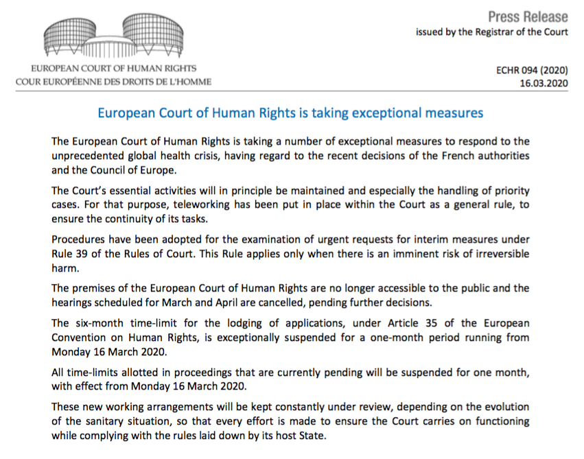 e_watchdog's tweet photo. Important: ECHR is taking exceptional measures #coronavirus #COVID19 #ECHR https://t.co/0OQljlpaqi