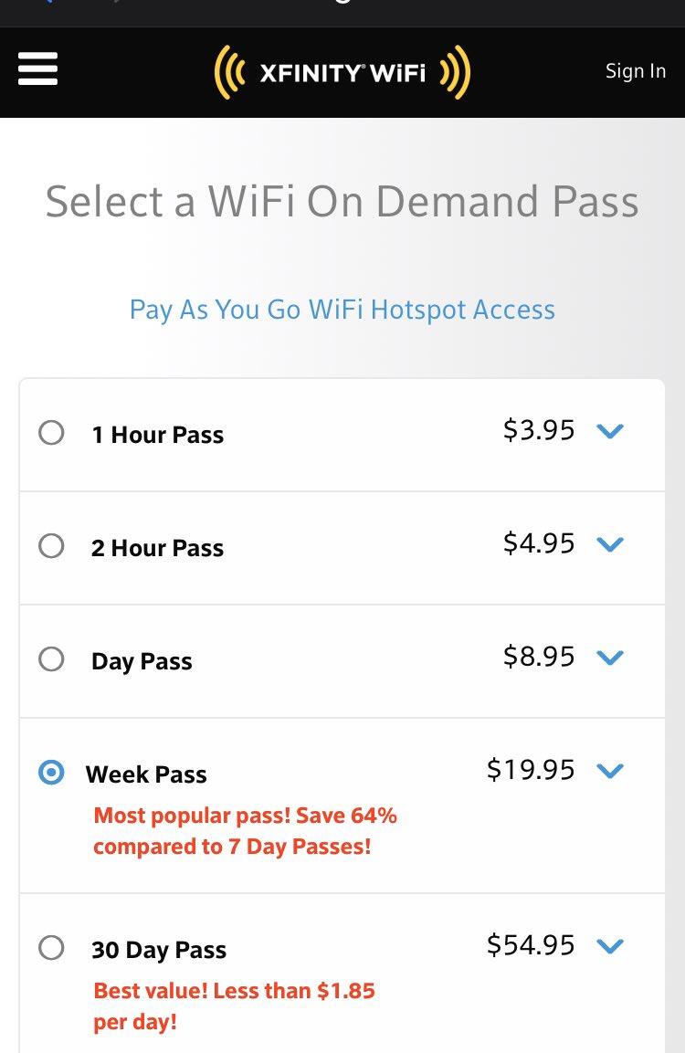 xfinity wifi on demand weekly pass price