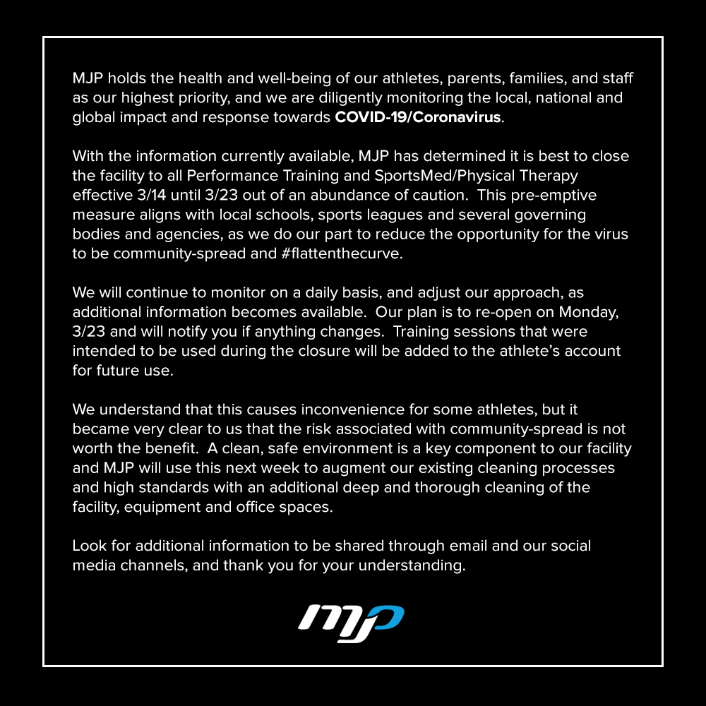 Please read an update regarding our response to COVID-19 / Coronavirus. Our facility will be closed from 3/14 until 3/23 to safeguard the wellbeing of our athletes, parents, families and staff. #flattenthecurve