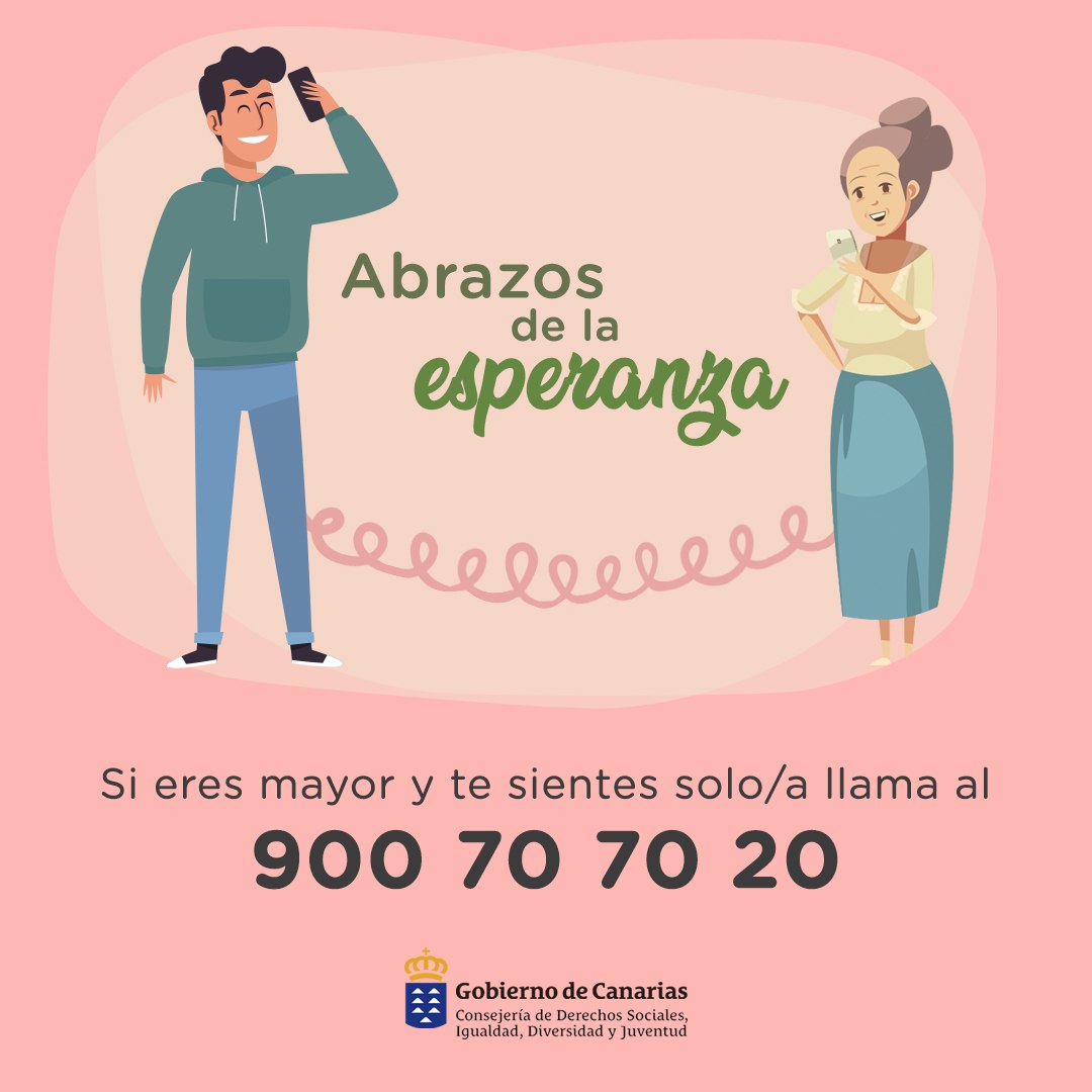 SocialGobCan's tweet photo. 📣‼ Si eres mayor de 65 años y te sientes solo o sola...

Te recordamos que contamos con un teléfono 📞 donde te pueden escuchar, orientar y estar a tu lado, aunque solo sea de forma virtual 😊
#EsteVirusLoParamosUnidos #CuarentenaCoronavirus https://t.co/sOQXaJKLJR