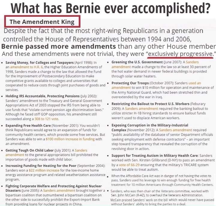 ern_case's tweet image. Well that's just wrong, Bernie has a history of working with republicans at passing more amendments than anyone else.
They call him the #AmendmentKing