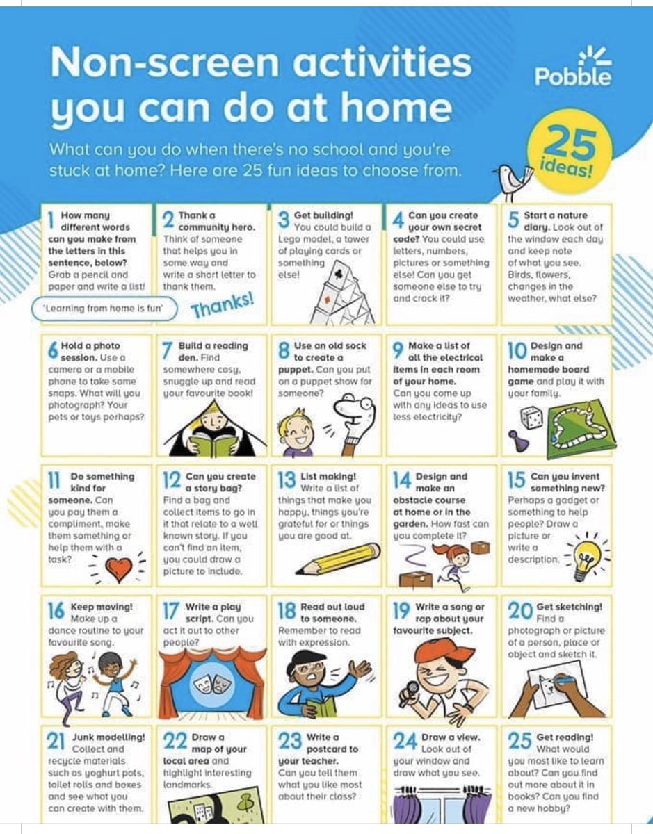 AimeeIrby's tweet photo. Some ideas to keep young minds busy during these trying times. @PowellCISD @ConroeISD https://t.co/hebw672TXS