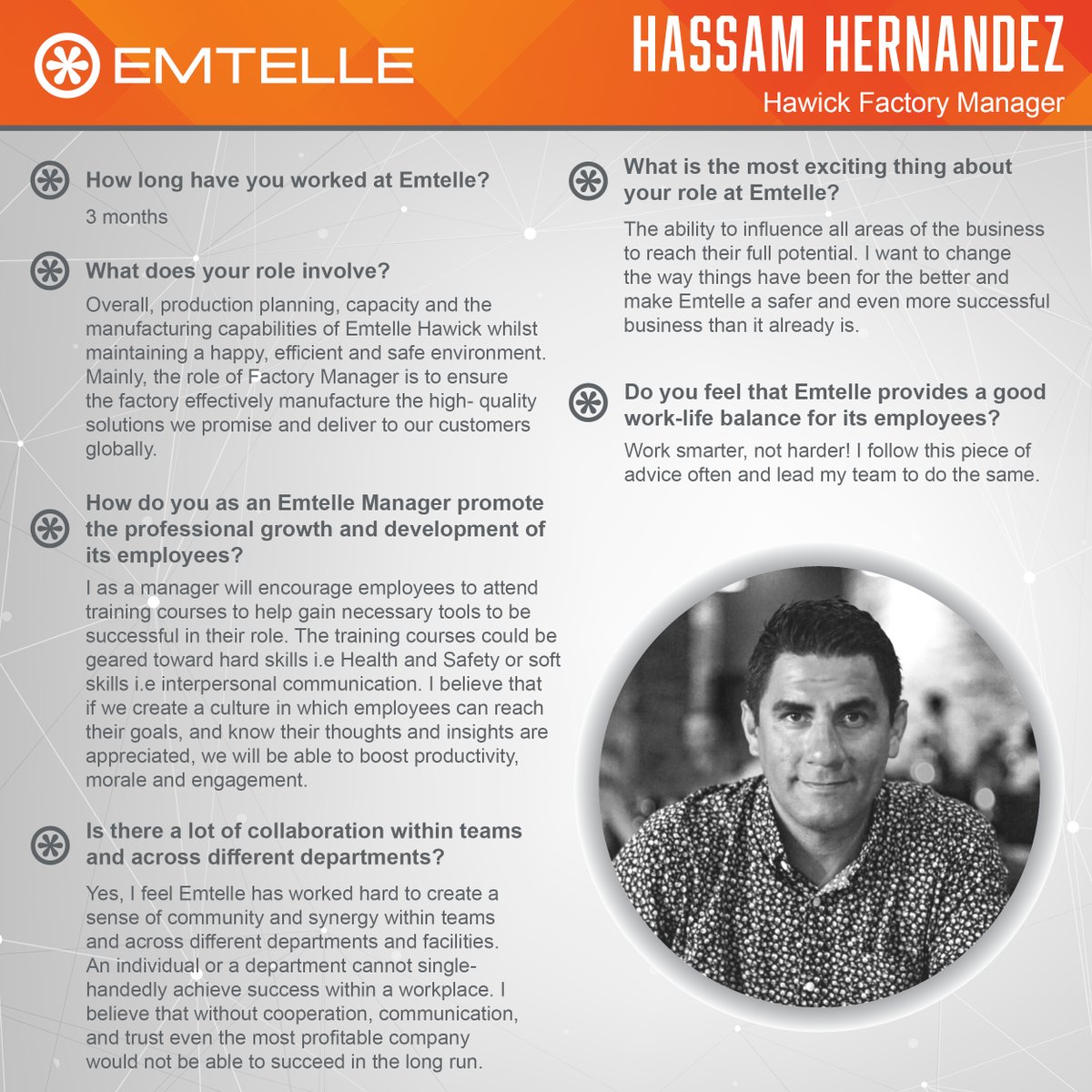 EMTELLE's tweet photo. As part of our 'Meet the Team' campaign we will be releasing a series of posts to introduce you to some of our Emtelle team. First up we have Hassam Hernandez our Hawick Factory Manager. Read more below. 

#Emtelle #MeettheTeam https://t.co/AYU2uRqfAT