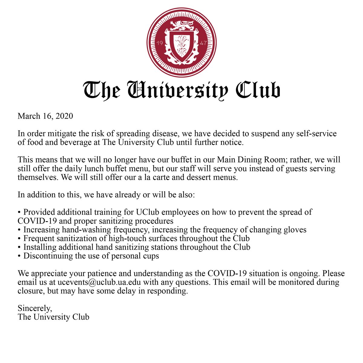 The University Club is committed to mitigating the risk of spreading disease. We appreciate your patience during this ongoing situation!

We look forward to serving you again on 3/23.