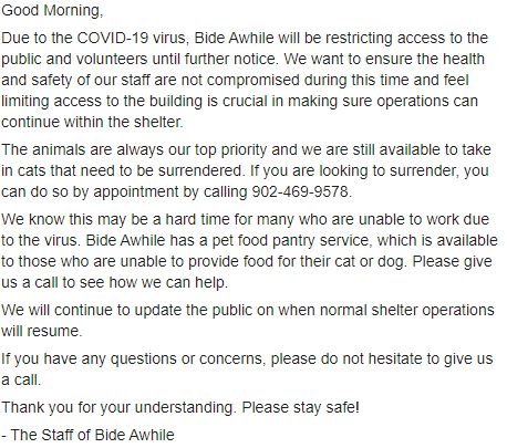 bideawhile's tweet photo. Please see our full statement regarding shelter operations during the COVID-19 outbreak. https://t.co/ZvWI0N3N4P