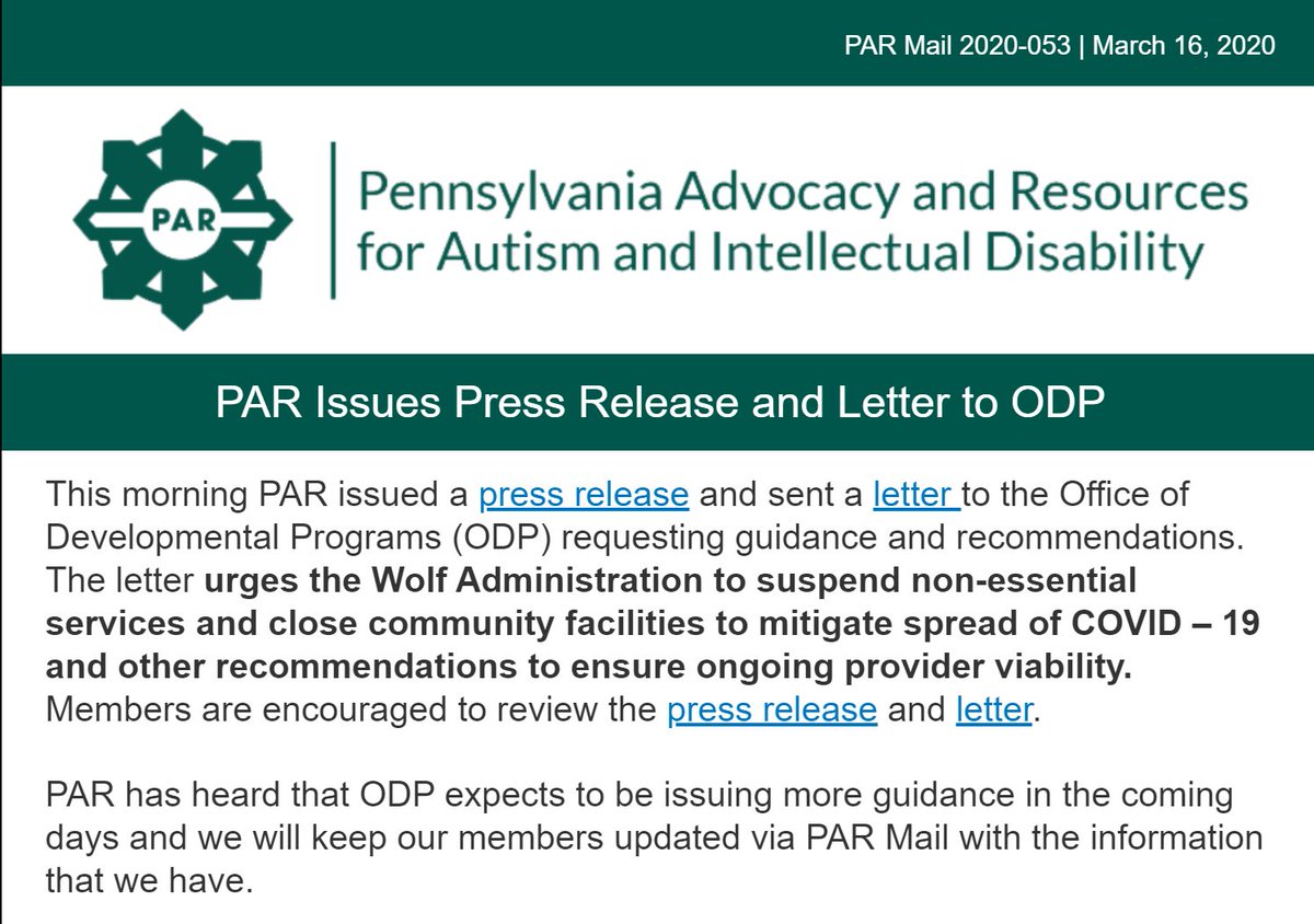 This morning PAR issued a press release and letter to <a href="/PAHumanServices/">PA Department of Human Services</a> asking for guidance to ensure health &amp; safety of individuals and viability for providers. Click here to read: conta.cc/2WgZq5K #COVID19 #HighRiskCOVID19 <a href="/paradvocacy/">Desiree Hung</a> <a href="/PARMarkDavis/">Mark Davis</a>
