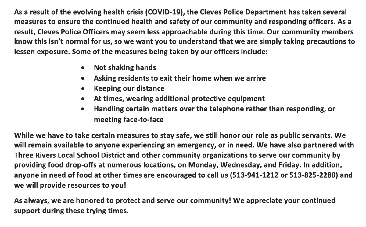 Information regarding The Village of Cleves Police safety procedures during the COVID-19 crisis...