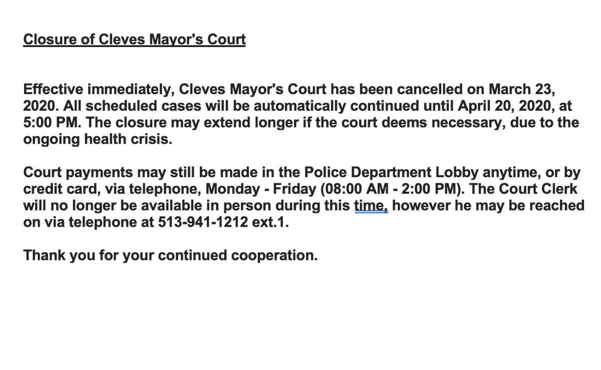 Information regarding changes to The Village of Cleves Mayor's Court Dates..