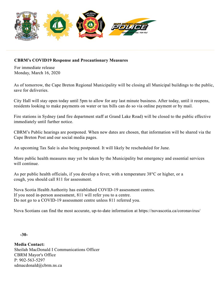 CBRMGov's tweet photo. As of tomorrow, the Cape Breton Regional Municipality will be closing all Municipal buildings to the public. Please see full details in the attached release. https://t.co/aMki1mNfyP