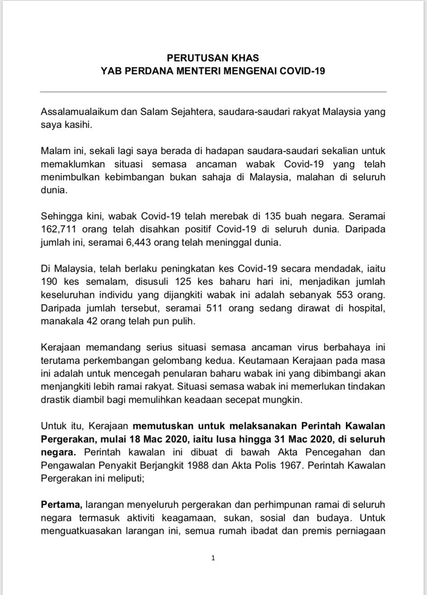 tunfatimahbb's tweet photo. Perutusan khas YAB Perdana Menteri mengenai COVID-19. https://t.co/gAg7xVZLzU