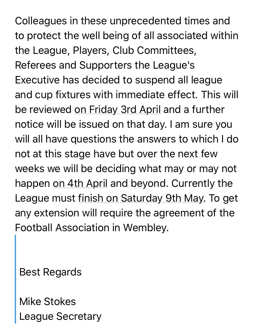 In what has been a disastrous season in terms of postponement and cancellations, the league have now made the decision (a sensible one) to postpone the <a href="/staffscountysl/">Staffordshire County Senior League</a> fixtures for the next couple of weeks.