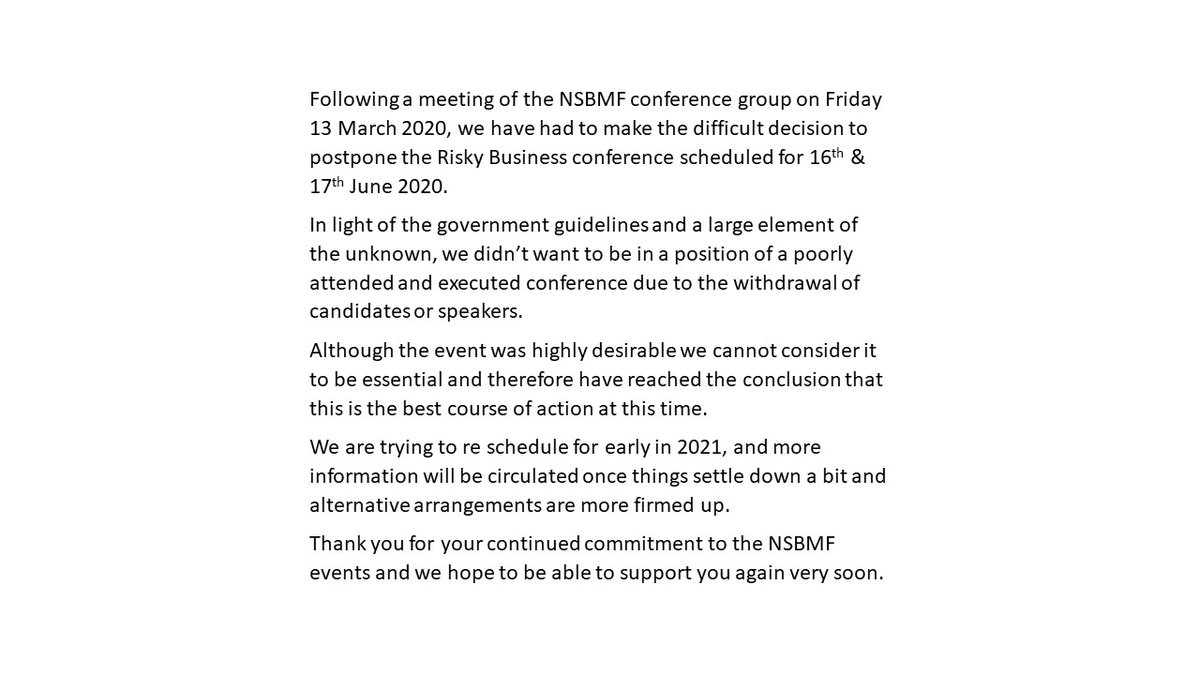 Following a meeting of the NSBMF conference group on Friday, they have had to make the difficult decision to postpone the School Business Manager conference in June 2020.  Please see statement below. Thank you for all your support.