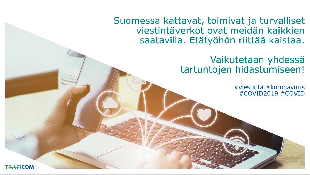 Suomessa kattavat, toimivat ja turvalliset viestintäverkot ovat meidän kaikkien saatavilla. Etätyöhön riittää kaistaa. Vaikutetaan yhdessä tartuntojen hidastumiseen! #viestintä #koronavirus #COVID2019 #COVID
