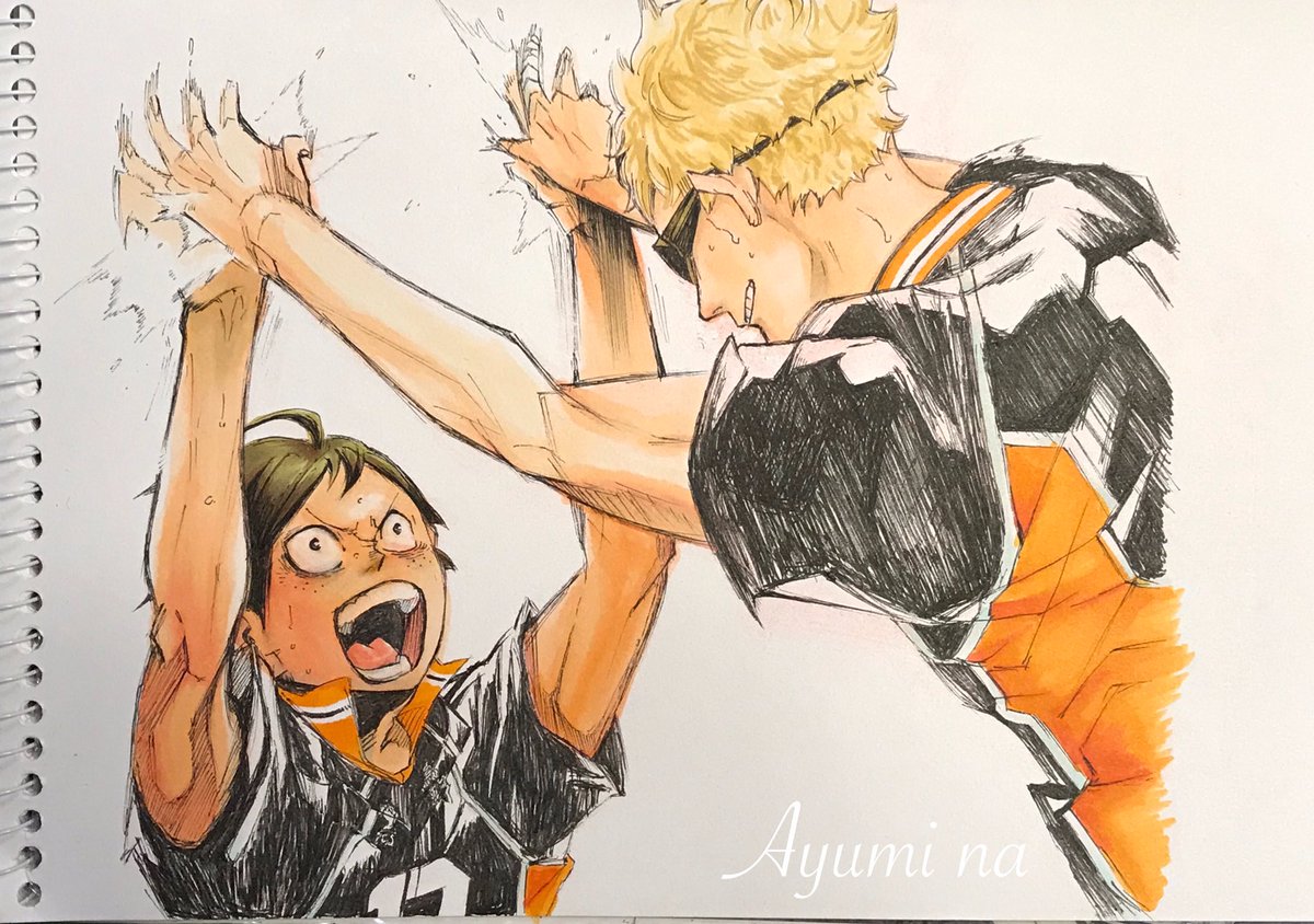 Ayumina Pa Twitter サーブ ブロック 山口忠 月島蛍 Haikyuufanart Copic 34巻の模写です カラーはオリジナルでしてみました このシーン大好き