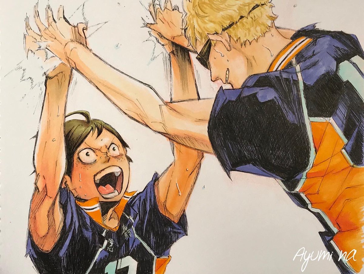 Ayumina Pa Twitter サーブ ブロック 山口忠 月島蛍 Haikyuufanart Copic 34巻の模写です カラーはオリジナルでしてみました このシーン大好き