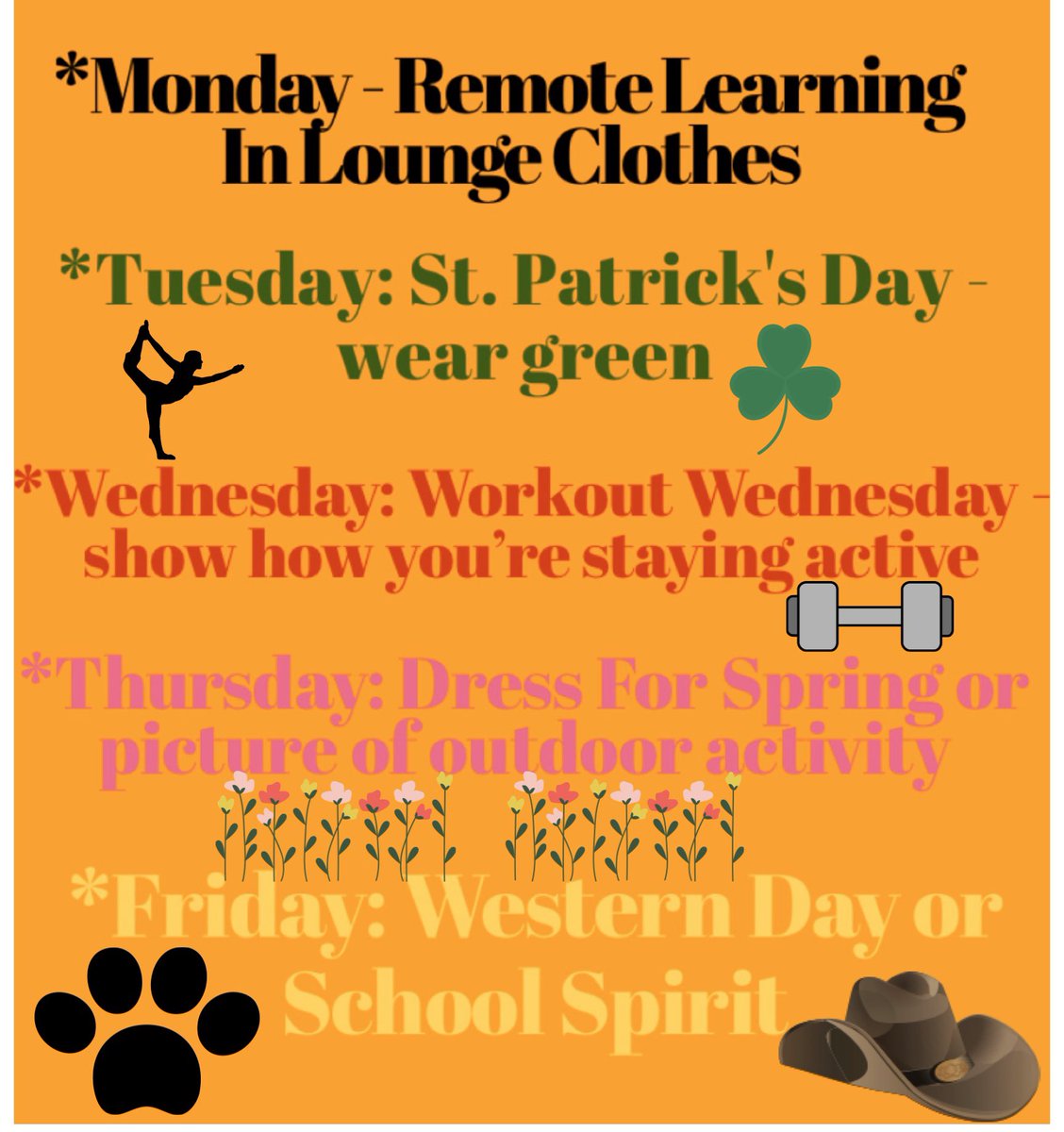 YHSPTA's tweet photo. REMOTE SPIRIT WEEK!! 
As each day passes with remote learning, show your PTA your school spirit! Follow the school spirit agenda below and post a daily picture making sure to tag us @YHSPTA https://t.co/joYEvFCive